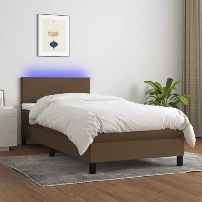 Pat cu arcuri, saltea și LED, maro închis, 90x190 cm, textil GartenMobel Dekor