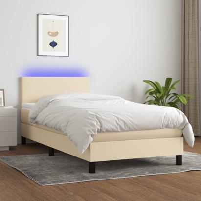 Pat cu arcuri, saltea și LED, crem, 90x190 cm, textil GartenMobel Dekor