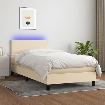 Pat cu arcuri, saltea și LED, crem, 90x200 cm, textil GartenMobel Dekor