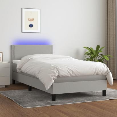 Pat cu arcuri, saltea și LED, gri deschis, 90x190 cm, textil GartenMobel Dekor