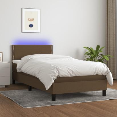 Pat cu arcuri, saltea și LED, maro închis, 90x190 cm, textil GartenMobel Dekor