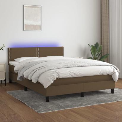 Pat cu arcuri, saltea și LED, maro închis, 140x200 cm, textil GartenMobel Dekor