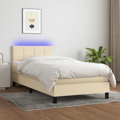Pat cu arcuri, saltea și LED, crem, 90x190 cm, textil GartenMobel Dekor