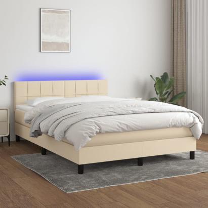 Pat cu arcuri, saltea și LED, crem, 140x190 cm, textil GartenMobel Dekor