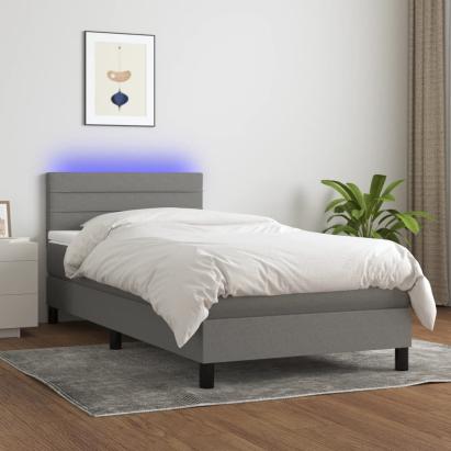 Pat cu arcuri, saltea și LED, gri închis, 90x190 cm, textil GartenMobel Dekor