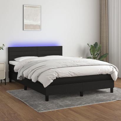 Pat cu arcuri, saltea și LED, negru, 140x190 cm, textil GartenMobel Dekor