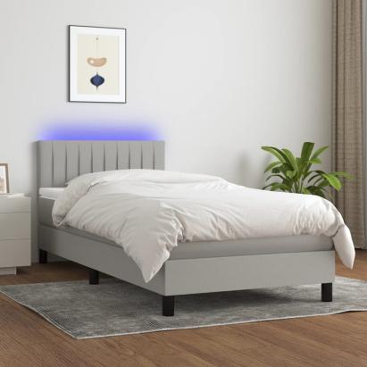 Pat cu arcuri, saltea și LED, gri deschis, 90x190 cm, textil GartenMobel Dekor