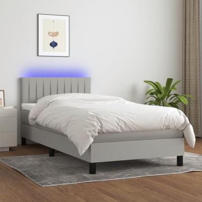 Pat cu arcuri, saltea și LED, gri deschis, 100x200 cm, textil GartenMobel Dekor