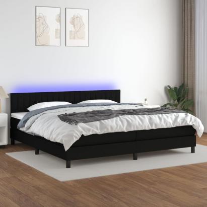 Pat cu arcuri, saltea și LED, negru, 200x200 cm, textil GartenMobel Dekor