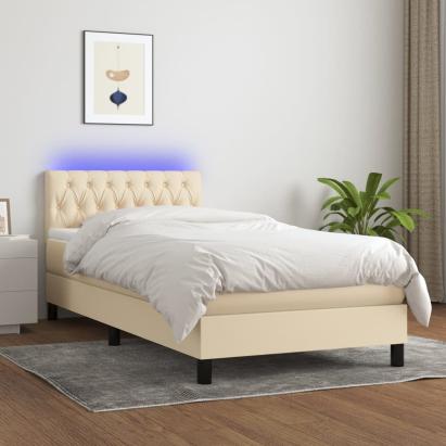 Pat cu arcuri, saltea și LED, crem, 90x190 cm, textil GartenMobel Dekor
