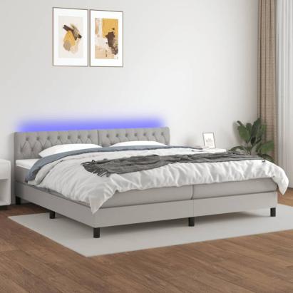 Pat cu arcuri, saltea și LED, gri deschis, 200x200 cm, textil GartenMobel Dekor
