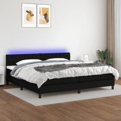 Pat cu arcuri, saltea și LED, negru, 200x200 cm, textil GartenMobel Dekor