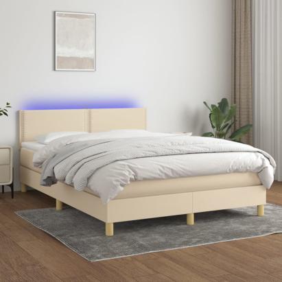 Pat cu arcuri, saltea și LED, crem, 140x190 cm, textil GartenMobel Dekor