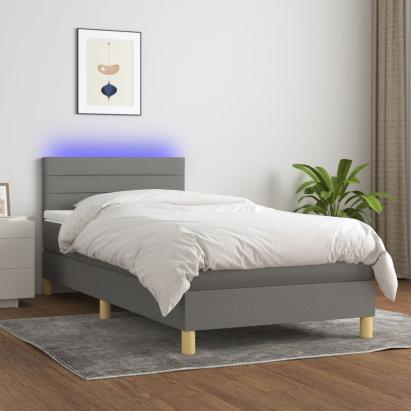 Pat cu arcuri, saltea și LED, gri închis, 90x190 cm, textil GartenMobel Dekor