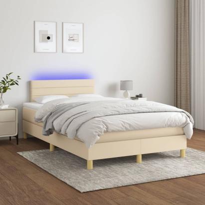 Pat cu arcuri, saltea și LED, crem, 120x200 cm, textil GartenMobel Dekor