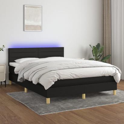 Pat cu arcuri, saltea și LED, negru, 140x200 cm, textil GartenMobel Dekor