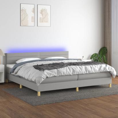 Pat cu arcuri, saltea și LED, gri deschis, 200x200 cm, textil GartenMobel Dekor