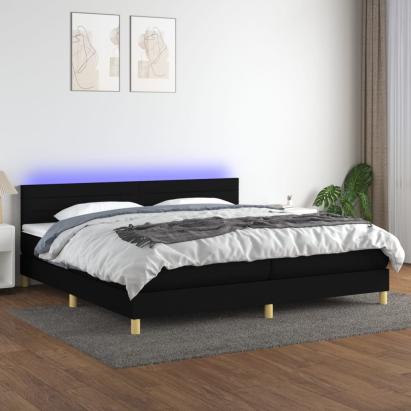 Pat cu arcuri, saltea și LED, negru, 200x200 cm, textil GartenMobel Dekor