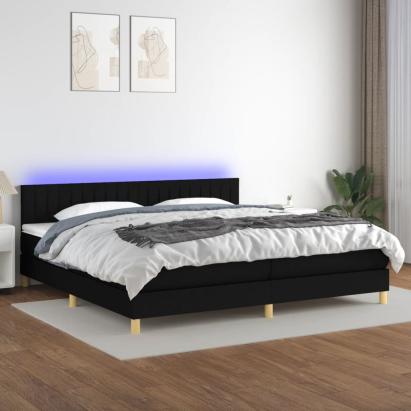 Pat cu arcuri, saltea și LED, negru, 200x200 cm, textil GartenMobel Dekor