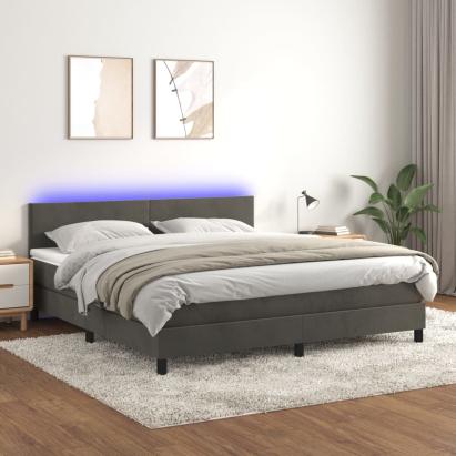 Pat cu arcuri, saltea și LED, gri închis, 160x200 cm, catifea GartenMobel Dekor