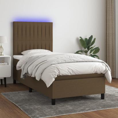 Pat cu arcuri, saltea și LED, maro închis, 90x190 cm, textil GartenMobel Dekor