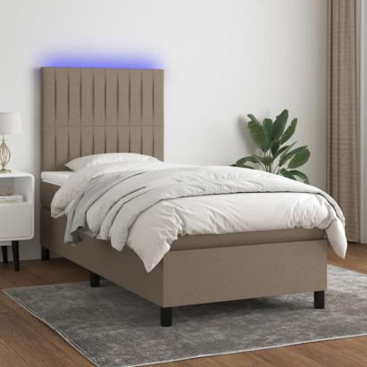 Pat cu arcuri, saltea și LED, gri taupe, 90x190 cm, textil GartenMobel Dekor
