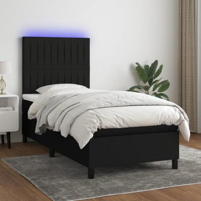 Pat cu arcuri, saltea și LED, negru, 90x200 cm, textil GartenMobel Dekor