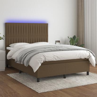 Pat cu arcuri, saltea și LED, maro închis, 140x200 cm, textil GartenMobel Dekor