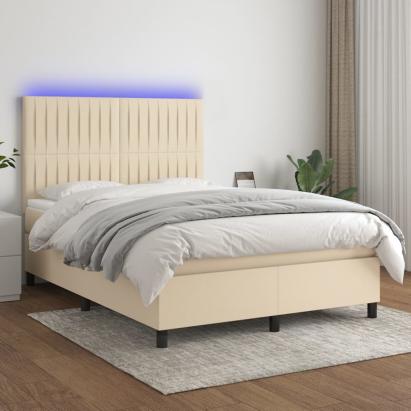 Pat cu arcuri, saltea și LED, crem, 140x200 cm, textil GartenMobel Dekor