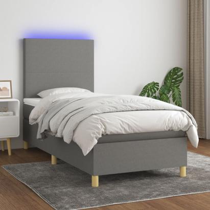Pat cu arcuri, saltea și LED, gri închis, 100x200 cm, textil GartenMobel Dekor