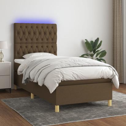 Pat cu arcuri, saltea și LED, maro închis, 80x200 cm, textil GartenMobel Dekor