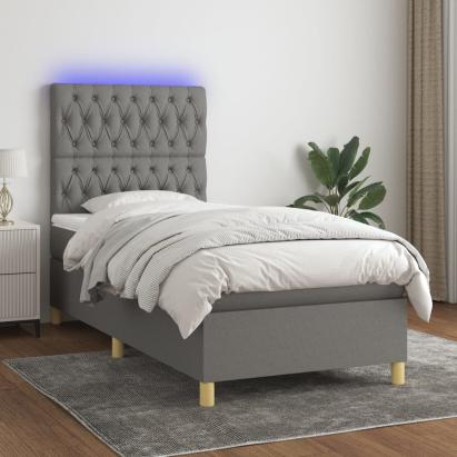 Pat cu arcuri, saltea și LED, gri închis, 90x190 cm, textil GartenMobel Dekor