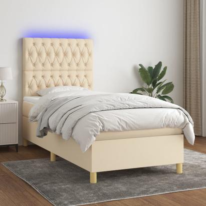 Pat cu arcuri, saltea și LED, crem, 90x200 cm, textil GartenMobel Dekor