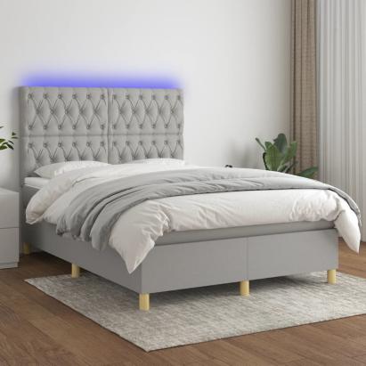 Pat cu arcuri, saltea și LED, gri deschis, 140x190 cm, textil GartenMobel Dekor