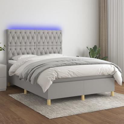 Pat cu arcuri, saltea și LED, gri deschis, 140x200 cm, textil GartenMobel Dekor