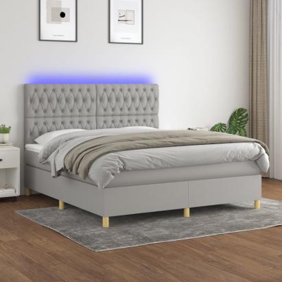Pat cu arcuri, saltea și LED, gri deschis, 180x200 cm, textil GartenMobel Dekor