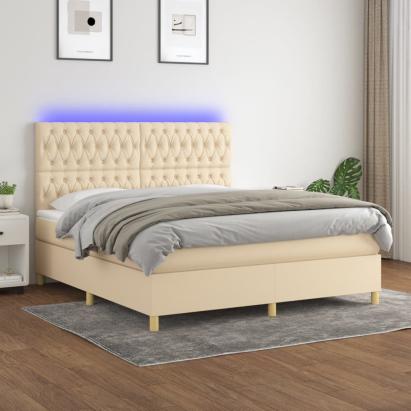Pat cu arcuri, saltea și LED, crem, 180x200 cm, textil GartenMobel Dekor