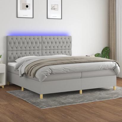 Pat cu arcuri, saltea și LED, gri deschis, 200x200 cm, textil GartenMobel Dekor