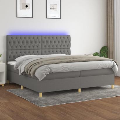 Pat cu arcuri, saltea și LED, gri închis, 200x200 cm, textil GartenMobel Dekor