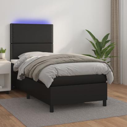 Pat cu arcuri, cu saltea și LED, negru, 90x200 cm, piele eco GartenMobel Dekor