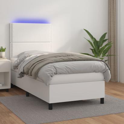 Pat cu arcuri, cu saltea și LED, alb, 100x200 cm, piele eco GartenMobel Dekor