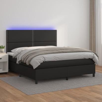 Pat cu arcuri, saltea și LED, negru, 180x200cm, piele ecologică GartenMobel Dekor