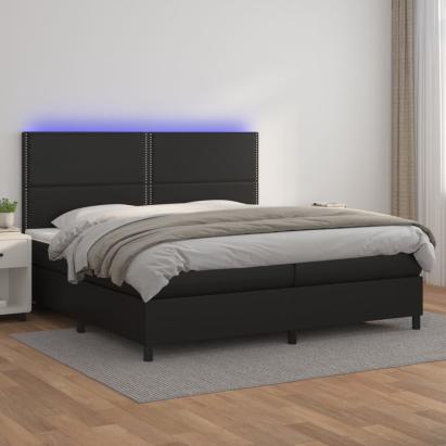 Pat cu arcuri, saltea și LED, negru, 200x200cm, piele ecologică GartenMobel Dekor