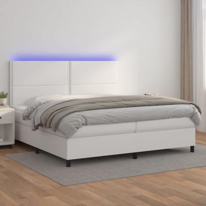 Pat cu arcuri, saltea și LED, alb, 200x200 cm, piele ecologică GartenMobel Dekor