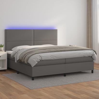 Pat cu arcuri, saltea și LED, gri, 200x200 cm, piele ecologică GartenMobel Dekor