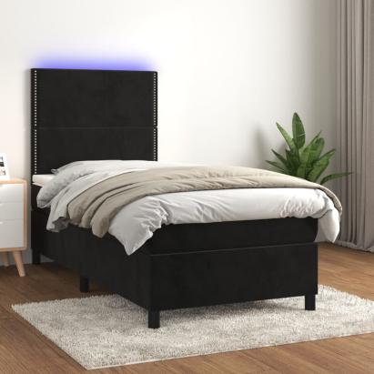 Pat cu arcuri, saltea și LED, negru, 90x190 cm, catifea GartenMobel Dekor