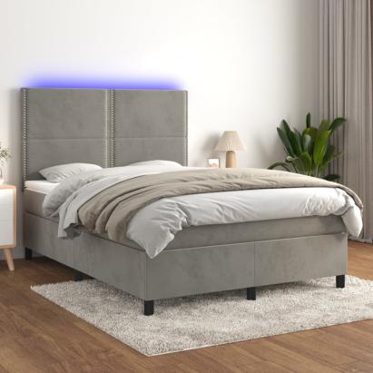 Pat continental cu saltea și LED gri deschis 140x190 cm catifea GartenMobel Dekor
