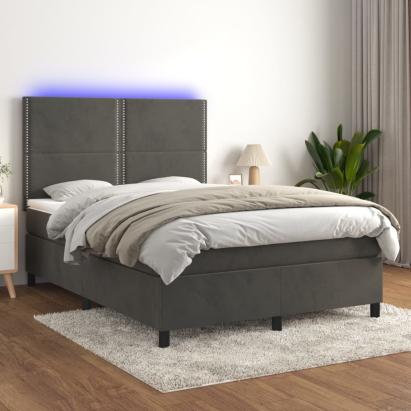 Pat cu arcuri, saltea și LED, gri închis, 140x190 cm, catifea GartenMobel Dekor