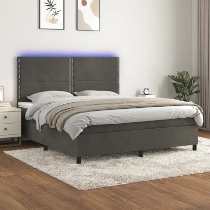 Pat cu arcuri, saltea și LED, gri închis, 160x200 cm, catifea GartenMobel Dekor