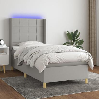 Pat cu arcuri, saltea și LED, gri deschis, 90x190 cm, textil GartenMobel Dekor